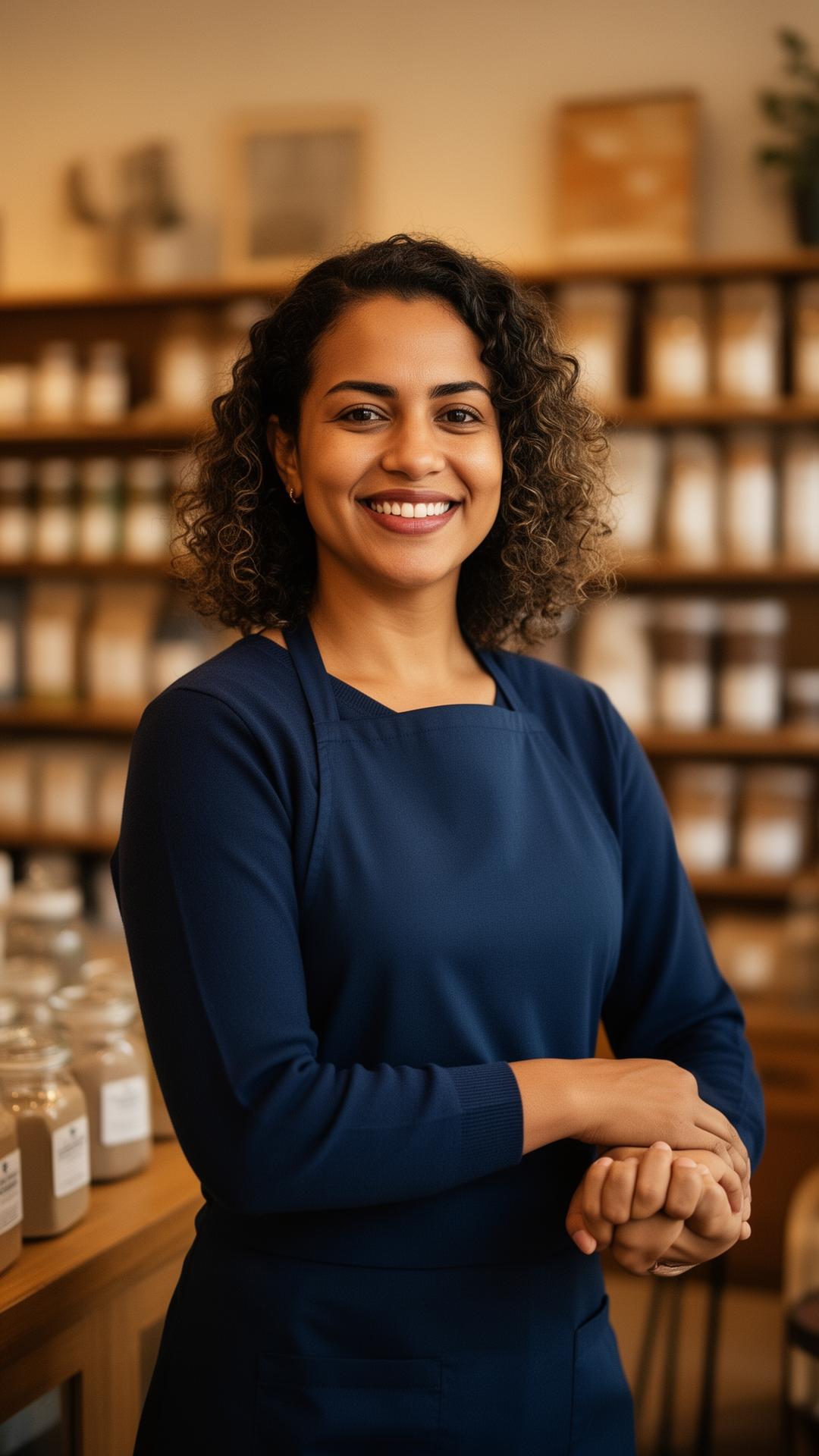 Empreendedora brasileira em seu estabelecimento